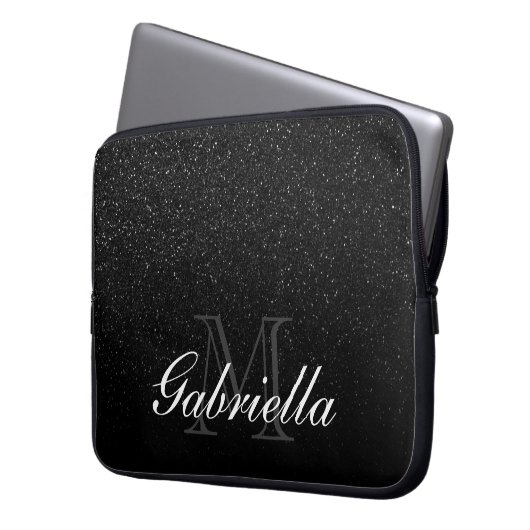 Schwarzes Glitzer-Monogramm Laptopschutzhülle (Vorderseite Links)