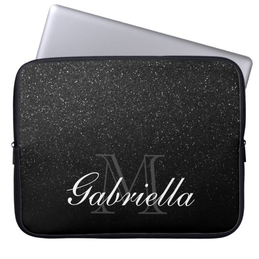 Schwarzes Glitzer-Monogramm Laptopschutzhülle (Vorderseite)