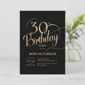 Schwarzes Gold 30. Geburtstag Elegantes Skript Einladung (Stehend Vorderseite)