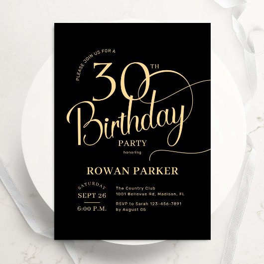 Schwarzes Gold 30. Geburtstag Elegantes Skript Einladung