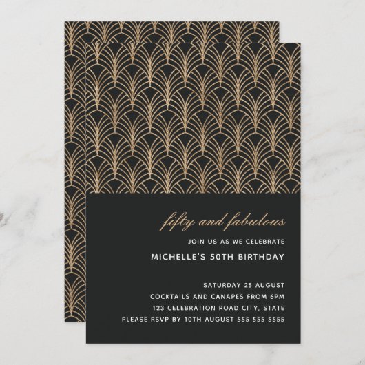 Schwarzes Gold 50 und fabelhaftes Art Deco Foto 50 Einladung (Vorne/Hinten)