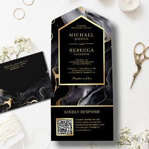 Schwarzes Gold Abstrakt Flüssige Tinte QR Code Hoc All In One Einladung