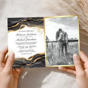 Schwarzes Gold Abstrakt Tinten QR Code Hochzeit Einladung