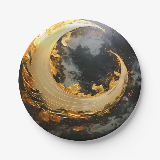 Schwarzes Gold Abstrakt Wirbel Modern Mond Pappteller (Vorderseite)