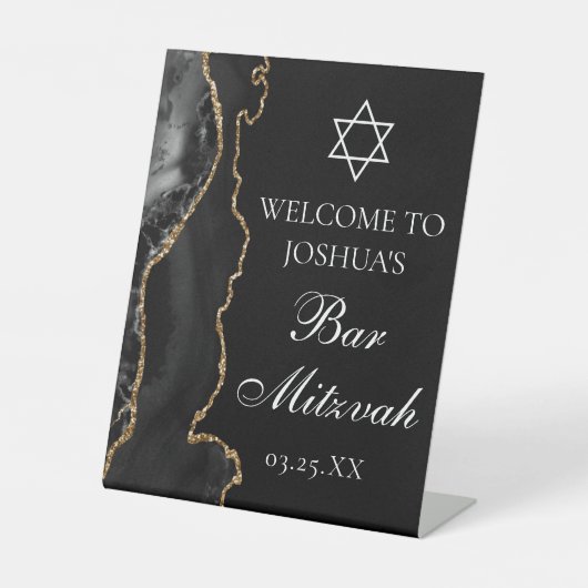 Schwarzes Gold Agate Bar Mitzvah Party Willkommen Sockelschild (Vorderseite)