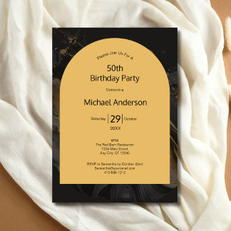 Schwarzes Gold-Aquarellbogen 50. Geburtstag für ih Einladung