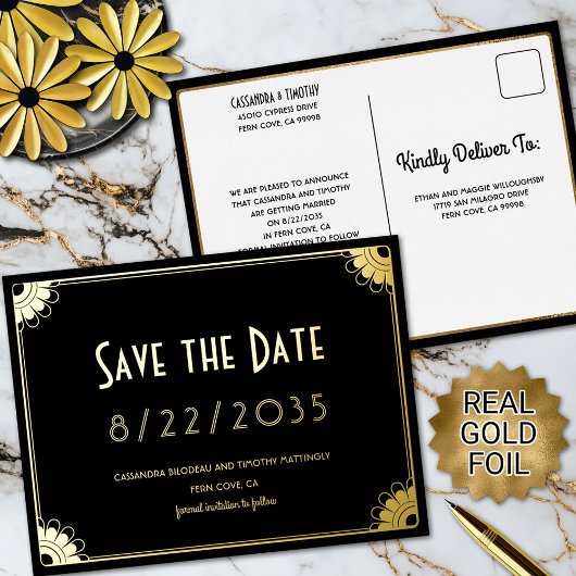 Schwarzes Gold Art Deco florale Hochzeit Speichern Folie Einladungspostkarte