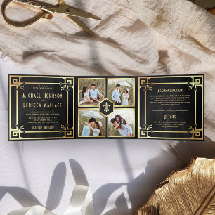 Schwarzes Gold Art Deco Foto Collage Hochzeit Dreifach Gefaltete Einladung