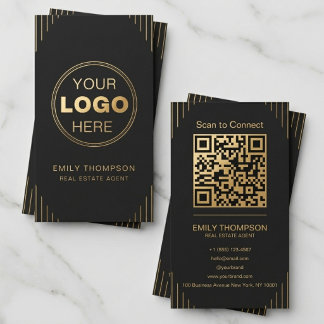 Schwarzes Gold Art Deco QR Code Elegantes Minimali Visitenkarte
