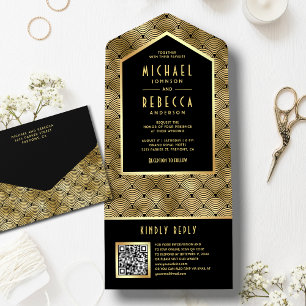 Schwarzes Gold Art Deco Wellen Muster QR Code Hoch All In One Einladung