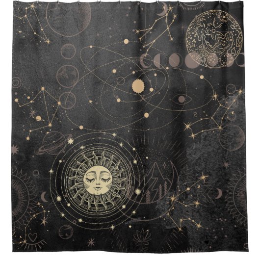 Schwarzes Gold Astrologisches Muster Duschvorhang (Vorderseite)