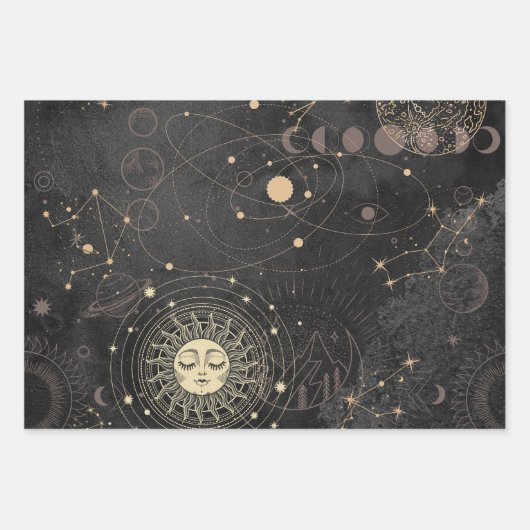 Schwarzes Gold Astrologisches Muster Geschenkpapier Set (Vorderseite)