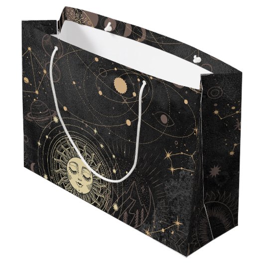 Schwarzes Gold Astrologisches Muster Große Geschenktüte (Rückseite Schrägansicht)