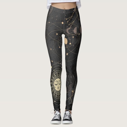 Schwarzes Gold Astrologisches Muster Leggings (Vorderseite)