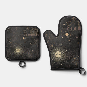 Schwarzes Gold Astrologisches Muster Ofenhandschuh & Topflappen-Set