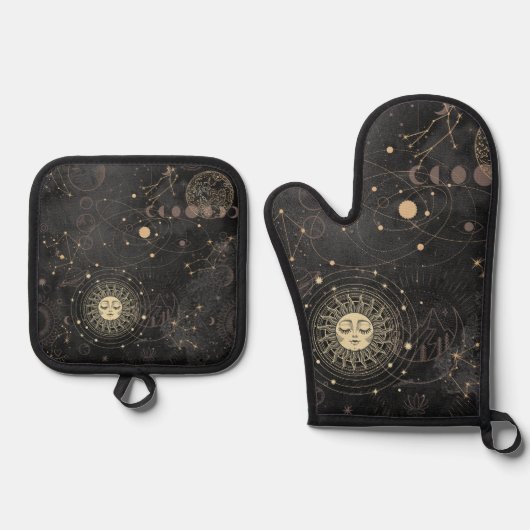 Schwarzes Gold Astrologisches Muster Ofenhandschuh & Topflappen-Set (Vorderseite)