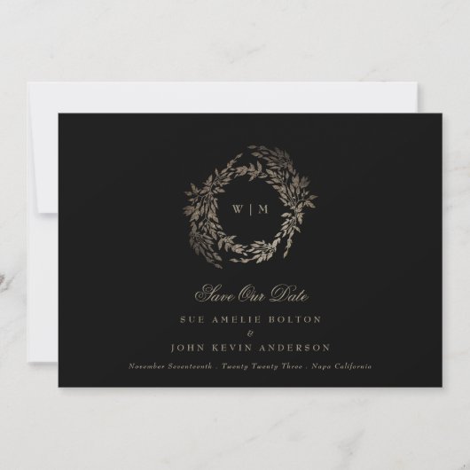 Schwarzes Gold auf Ebony Botanische Monogramm-Hoch Save The Date (Vorderseite)