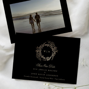 Schwarzes Gold auf Ebony Botanische Monogramm-Hoch Save The Date