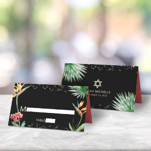 Schwarzes Gold Bat Mitzvah Tropenflora Wasserfarbe Platzkarte