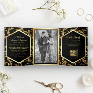 Schwarzes Gold blühender Wirbel Foto QR-Code Hochz Dreifach Gefaltete Einladung
