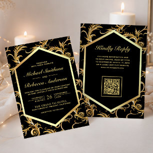 Schwarzes Gold blühender Wirbel QR-Code Hochzeit Einladung