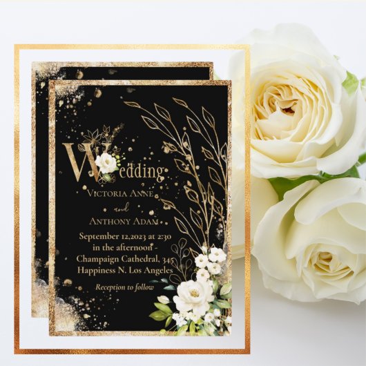 Schwarzes Gold Botanische Blütenhochzeit Einladung