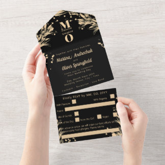 Schwarzes Gold Botanisches Monogramm Hochzeits-Sch All In One Einladung