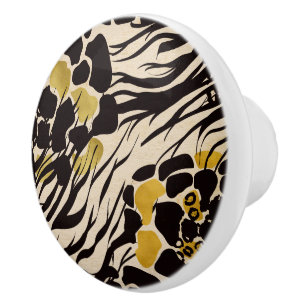 Schwarzes Gold Braunes Zoo-Tiere Safari-Druck Part Keramikknauf