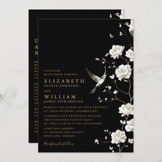 Schwarzes Gold Chinoiserie Blumen Alles in einer H Einladung (Vorne/Hinten)
