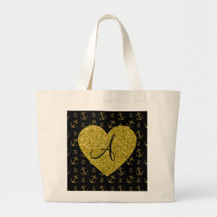 Schwarzes Gold des Monogramms verankert Muster Jumbo Stoffbeutel