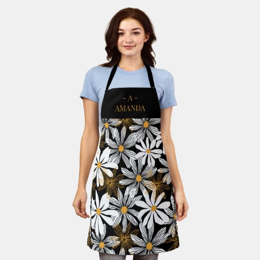 Schwarzes Gold Elegant Daisy Abstraktes Monogramm Schürze (Getragen)