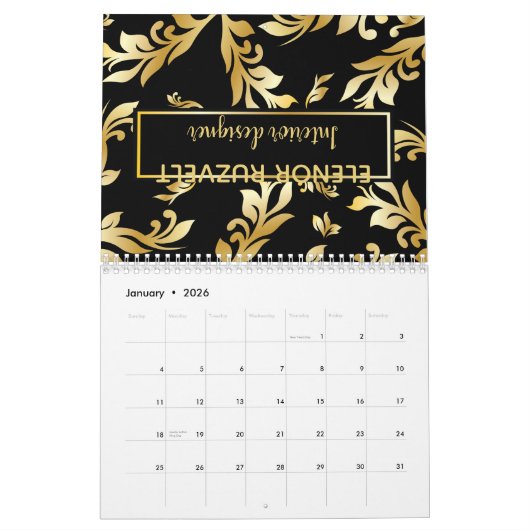 Schwarzes Gold eleganter Blumendamast Luxe Design Kalender (Jan 2026)