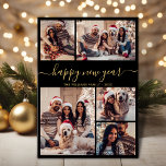 Schwarzes Gold Elegantes Glück Neues Jahr 5 FotoCo Feiertagskarte<br><div class="desc">Einfache moderne Elegante Kalligrafie Schwarz und Gold 5 Foto Collage Happy Silvester Script Holiday Card. Dieses festliche, minimalistische, skurrile 5 (5) Foto-Urlaubskarten-Template verfügt über eine hübsche Grid-Foto-Collage und sagt "Happy New Year"! Der Begrüßungstext ist in einer schönen Hand geschrieben, Wirble Swash-Schwanz-Schriftart-Skript in Gold auf schwarzem Hintergrund. Auf der Rückseite eine...</div>