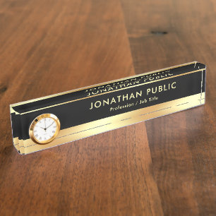 Schwarzes Gold Elegantes modernes Template mit Uhr Namensplakette