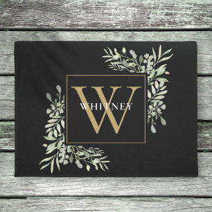 Schwarzes Gold Elegantes Monogramm Grünpflanzen Fußmatte