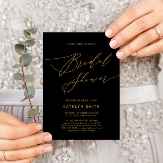 Schwarzes Gold Elegantes Script Modernes Brautpart Einladung