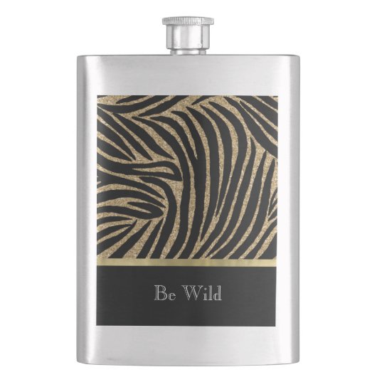 Schwarzes Gold Faux Glitter Zebra Flachmann (Vorderseite)