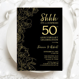 Schwarzes Gold Floral Surprise 50. Jubiläum Einladung