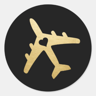 Schwarzes Gold Flugzeug Herz Reise Thema Gefallen Runder Aufkleber