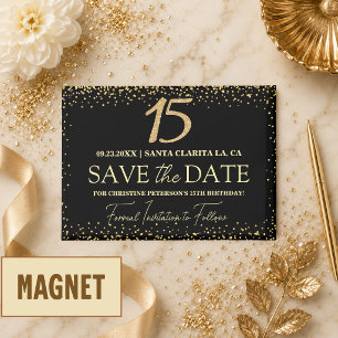 Schwarzes Gold Glitter 15. Geburtstag Save the Dat Magnet