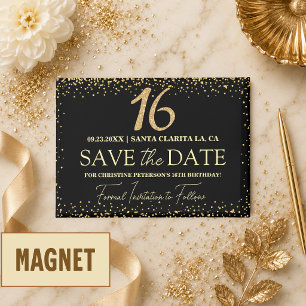 Schwarzes Gold Glitter 16. Geburtstag Save the Dat Magnet
