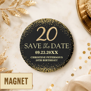 Schwarzes Gold Glitter 20. Geburtstag Save the Dat Magnet