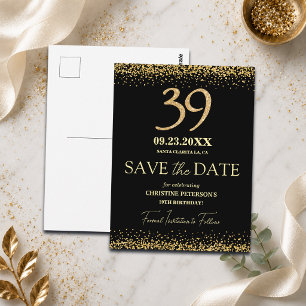 Schwarzes Gold-Glitter 39. Geburtstag Save the Dat Postkarte