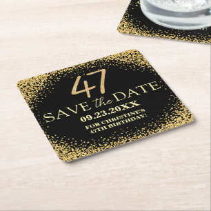 Schwarzes Gold Glitter 47. Geburtstag Save the Dat Rechteckiger Pappuntersetzer