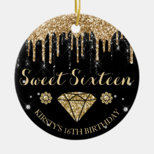 Schwarzes Gold Glitter Drip Diamant Sweet Sixteen Keramik Ornament