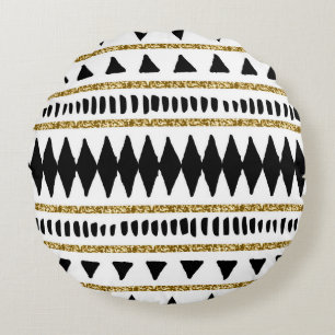 Schwarzes Gold-Glitter-ethnisches Muster Rundes Kissen