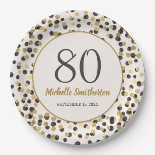 Schwarzes Gold Glitter Konfetti 80. Geburtstag Pappteller