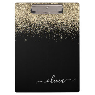 Schwarzes Gold Glitter Mädchen Monogramm Name Klemmbrett