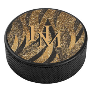 Schwarzes Gold Glitter Tiger Muster Initialen Eishockey Puck