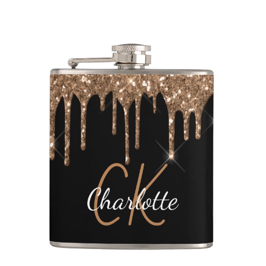 Schwarzes Gold-Glitter-Tropfen-Monogramm funkelt e Flachmann (Vorderseite)